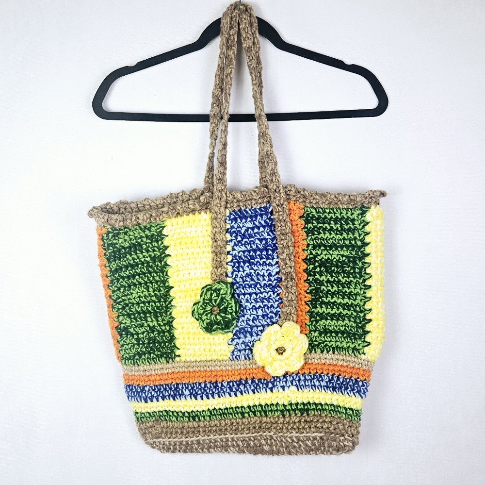 Handmade Crochet Knit Floral Boho Spring Fling Beachy Tote Bag 17x16